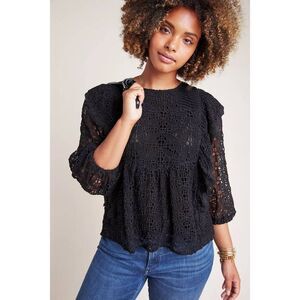 Anthropologie Black Clementine Eyelet Ruffle Lace Blouse